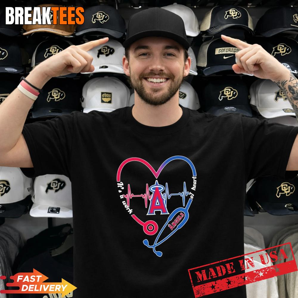 Stethoscope Heart Heartbeat It’s A Work Of Heart Los Angeles Angels Baseball Logo T-Shirt