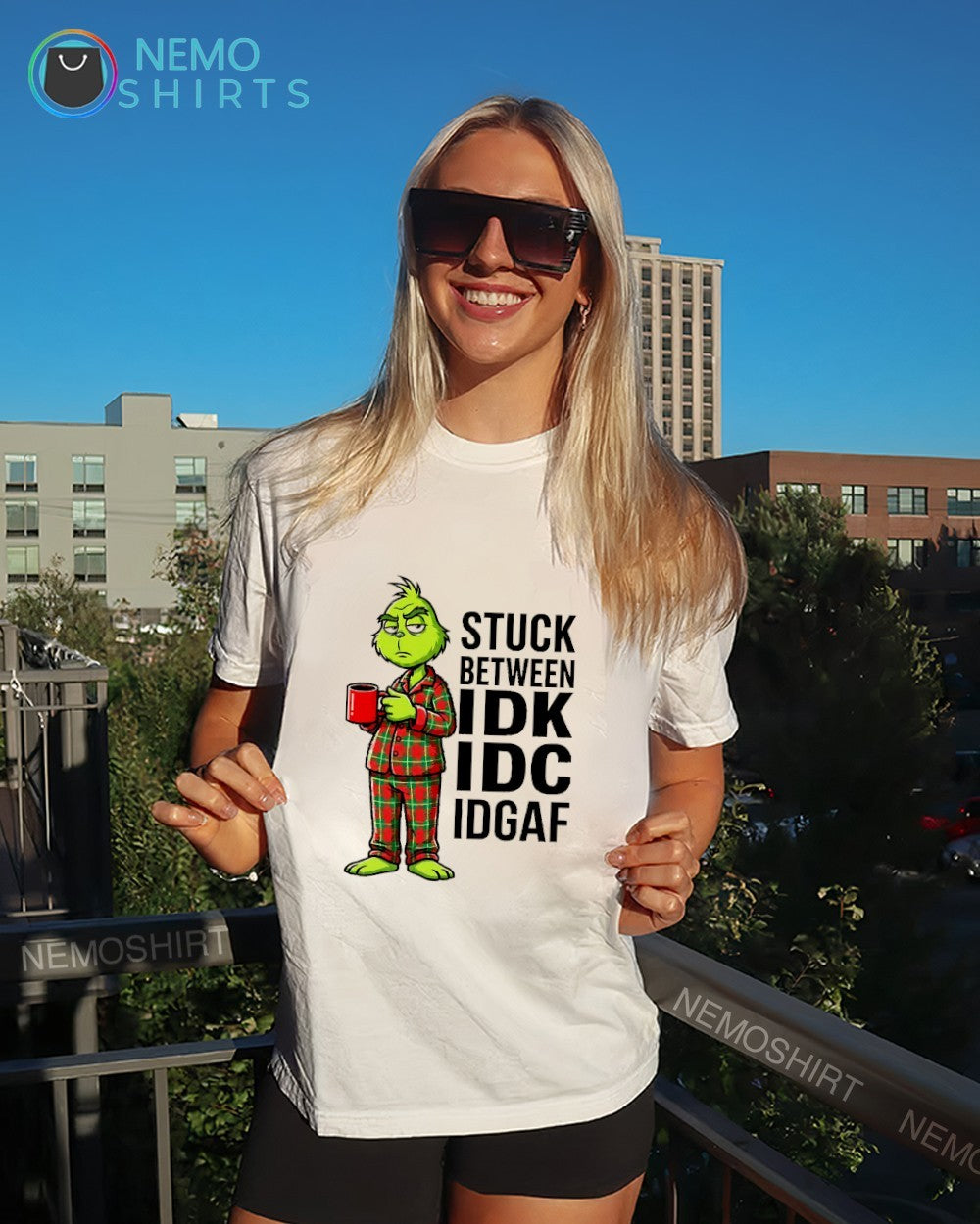 Stuck between IDK IDC IDGAF Grinch shirt