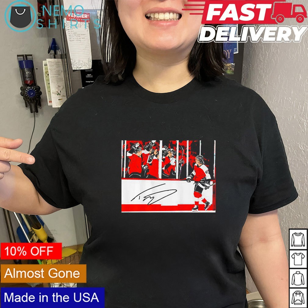 Trevor Zegras penalty box celly shirt