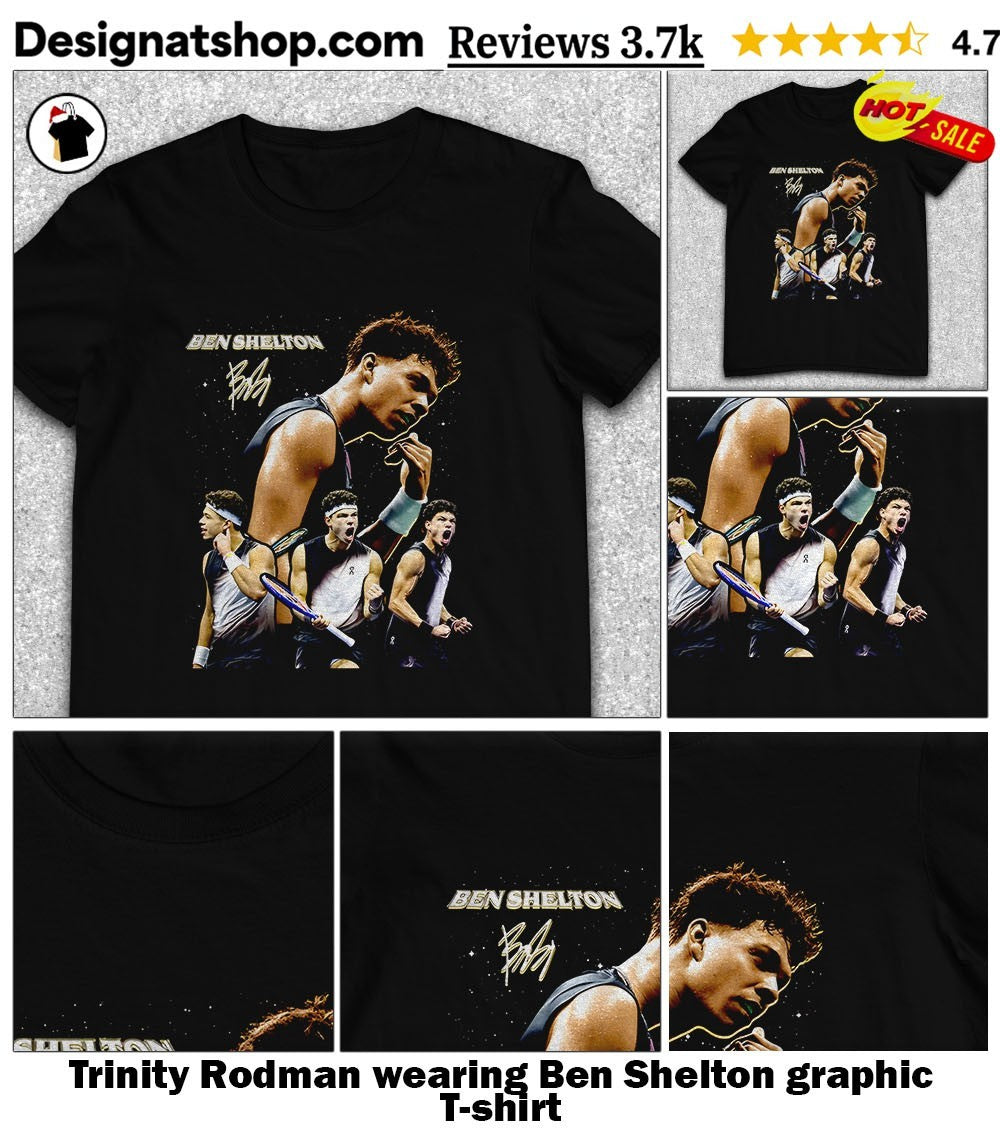 Trinity Rodman wearing Ben Shelton graphic shirt