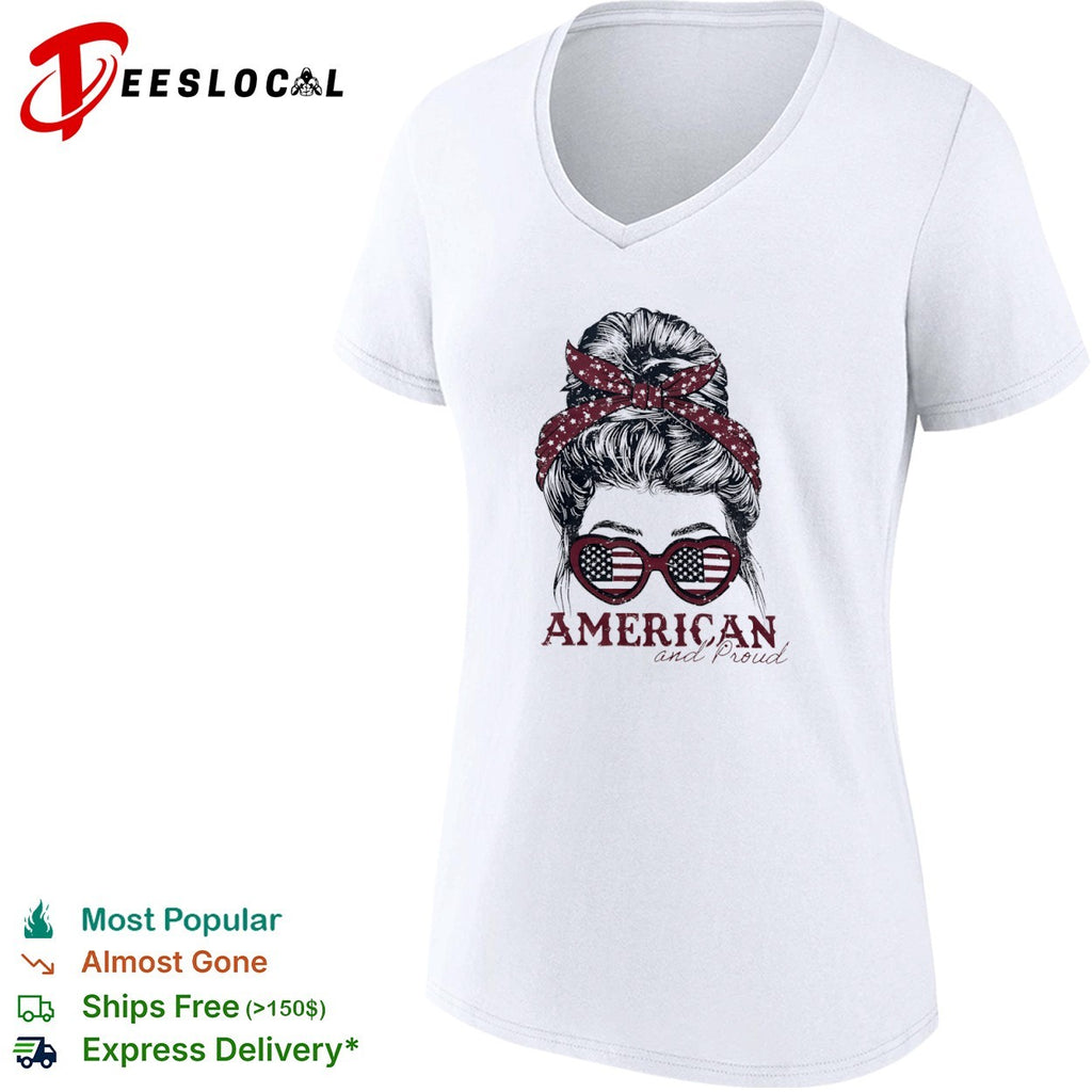 USA messy bun American and proud shirt