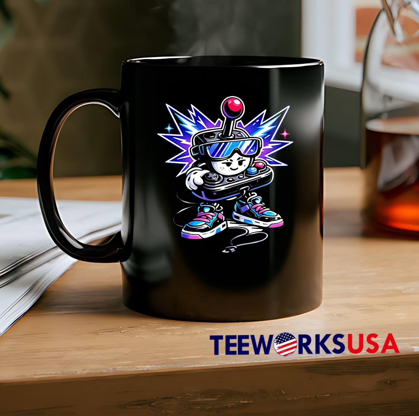Video game controller character with sunglasses and sneakers shirt