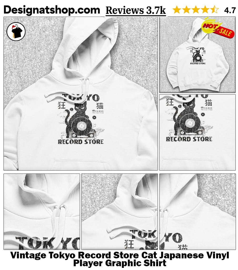 Vintage Tokyo Record Store Cat Japanese Vinyl Player Graphic Shirt
