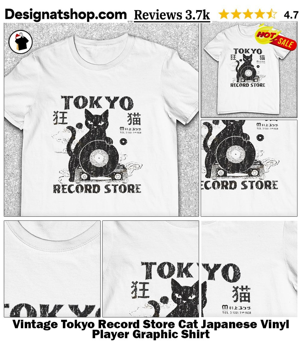 Vintage Tokyo Record Store Cat Japanese Vinyl Player Graphic Shirt