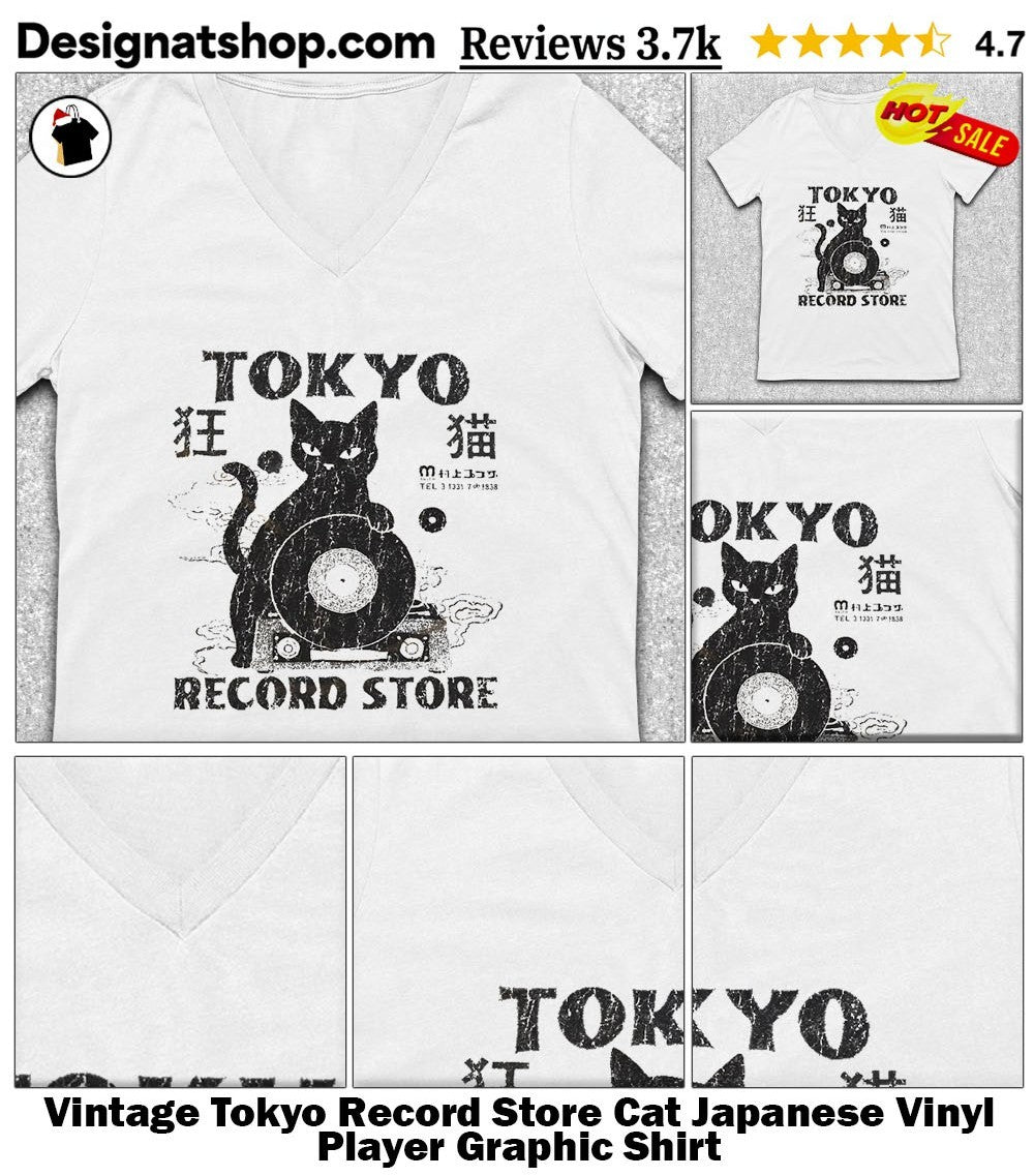 Vintage Tokyo Record Store Cat Japanese Vinyl Player Graphic Shirt