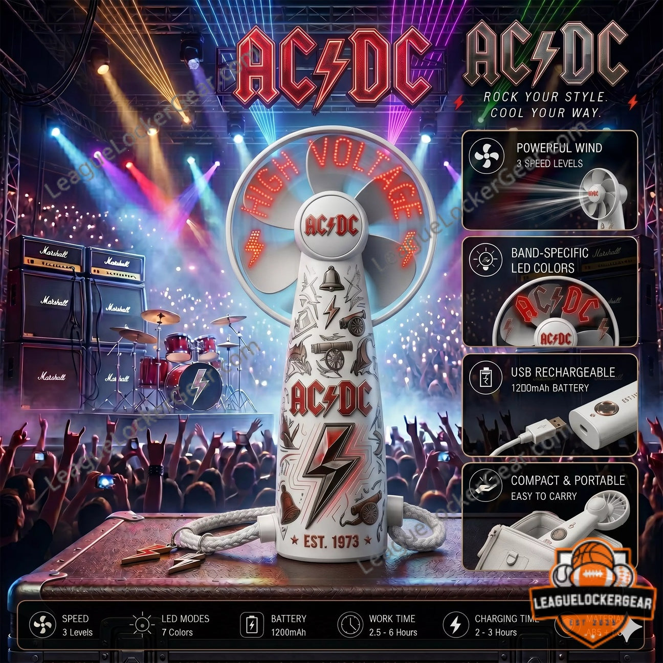 AC/DC High Voltage Est 1973 Led Handheld Fan