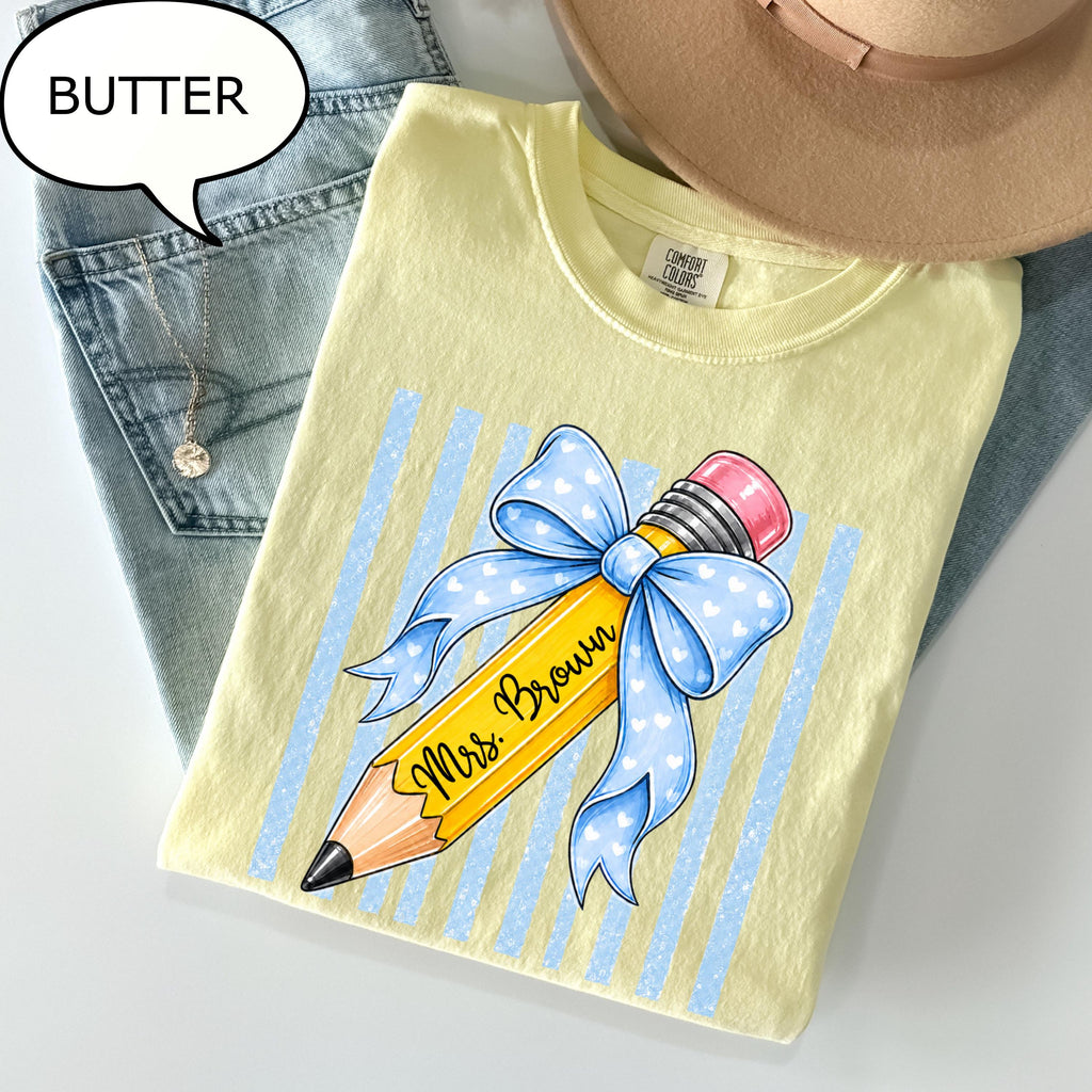 Comfort Colors Custom Teacher Name Pencil Coquette Bow Teacher Tee Personalized (3)
