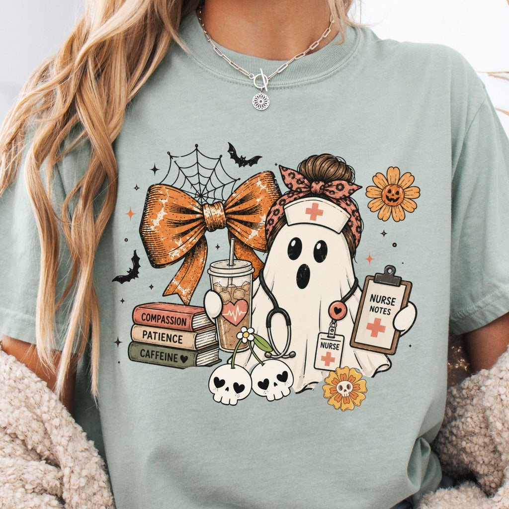 Nurse Halloween Ghost Nurse Bow Collage Tee Spooky Nursing Fall Nurses (2)