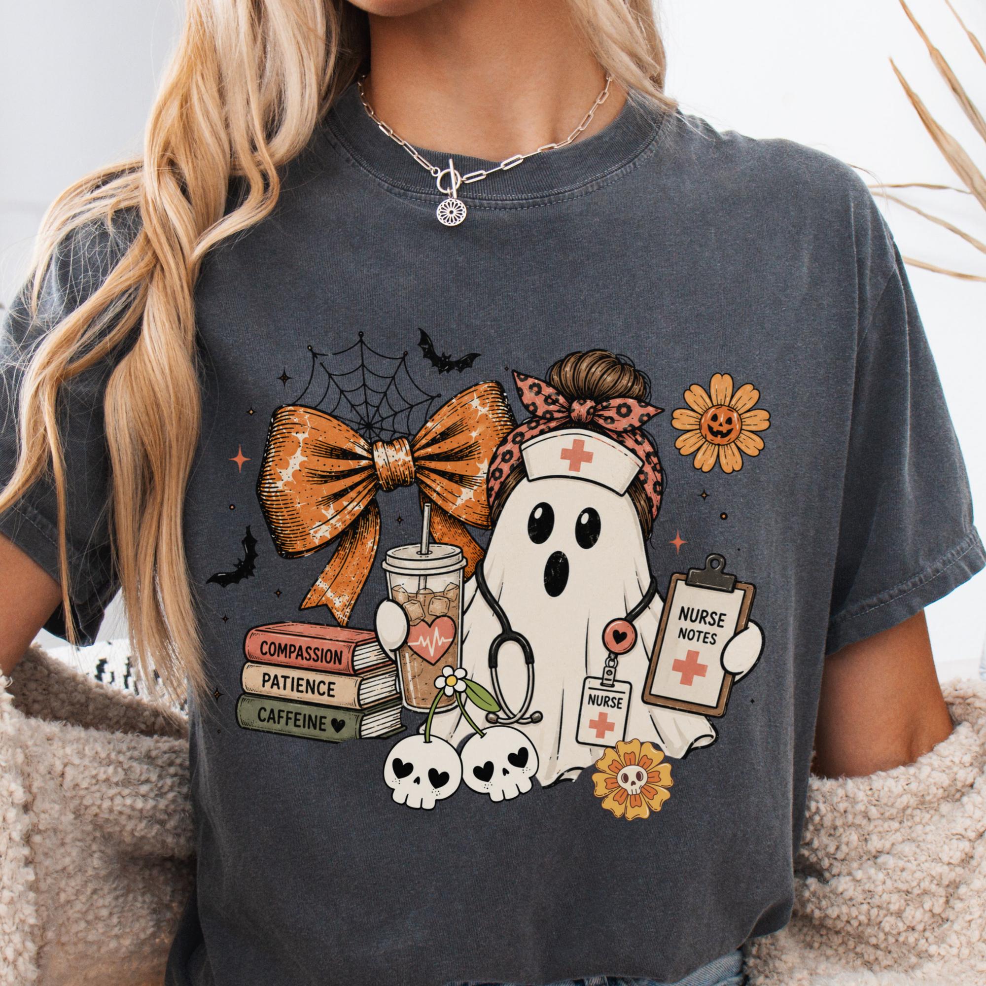 Nurse Halloween Ghost Nurse Bow Collage Tee Spooky Nursing Fall Nurses (4)