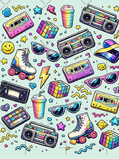 80s Retro Neon Elements AI Graphic – Vintage Pop Culture Icon Pattern by Cleora Art