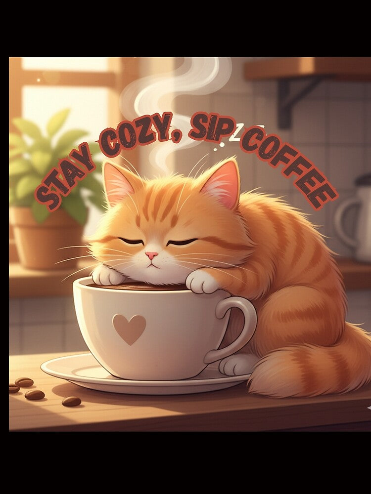 Sleepy cute cat, coffee, cat lovers, coffee lovers by Hana Shii