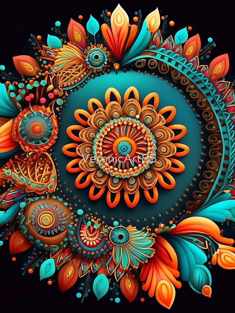 Stunning blue, pink, turquoise floral mandala in ethnic/Indian style by VeronicArt85