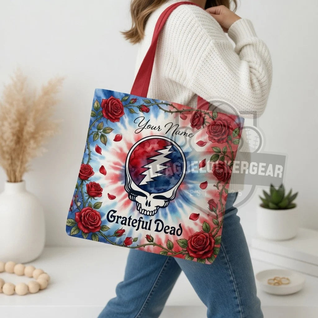 Grateful Dead Personalized Skull and Roses Tie Dye Tote Bag