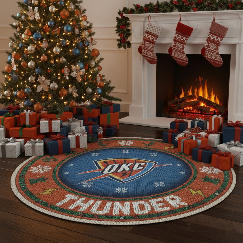 Oklahoma City Thunder Ugly Christmas Round Rug – 27” NBA Holiday Round Floor Decor