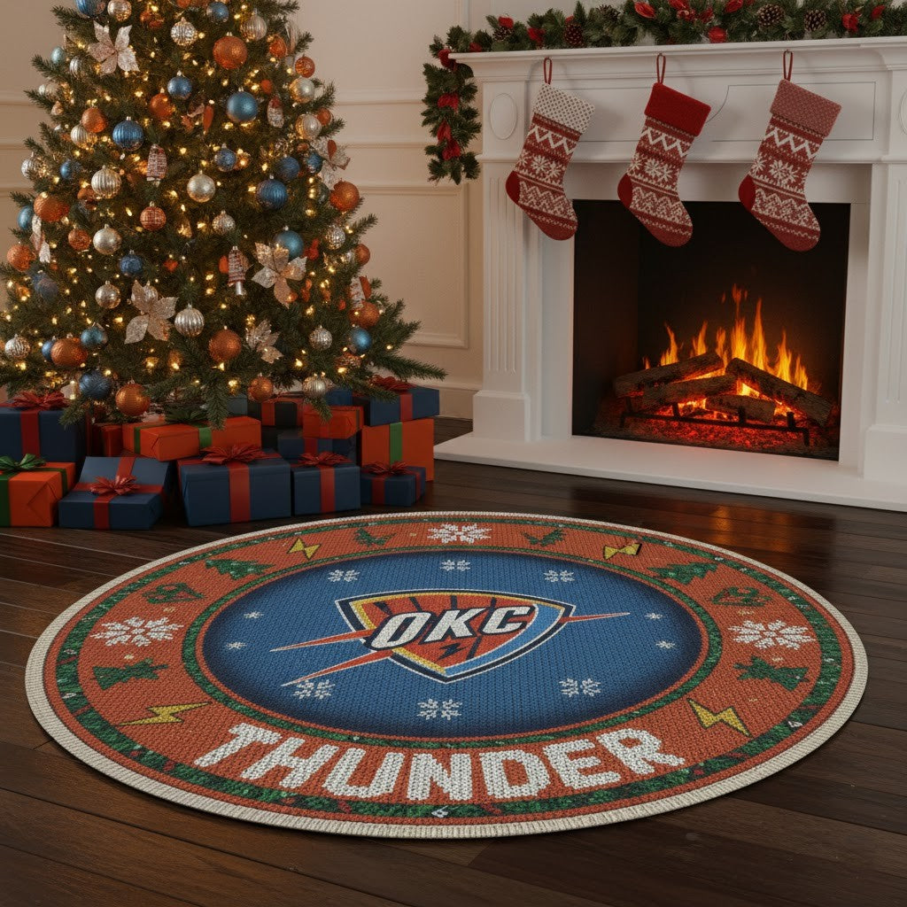 Oklahoma City Thunder Ugly Christmas Round Rug – 27” NBA Holiday Round Floor Decor