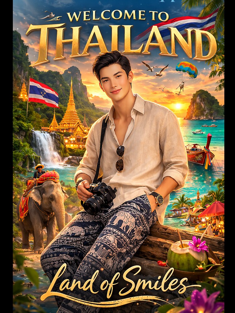 Welcome to Thailand – Land of Smiles | Tropical Travel Poster | Thai Culture & Bangkok Adventure Illustration by Inkora-Art