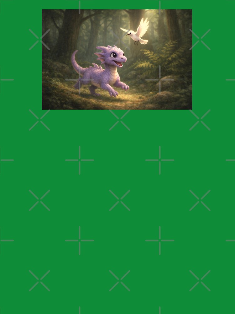 Playful Baby Dragon Chasing a Bird – Whimsical Forest Fantasy Art by Hatchling Hollow