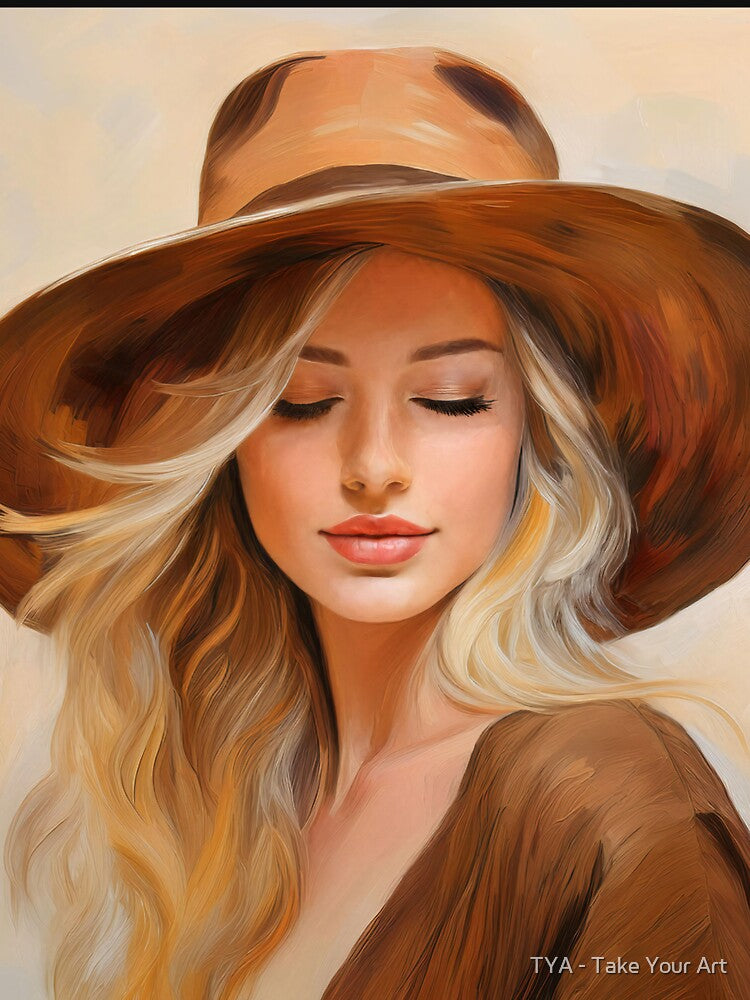 Portrait painting woman with hat beige brown natural by TYA - Take Your Art