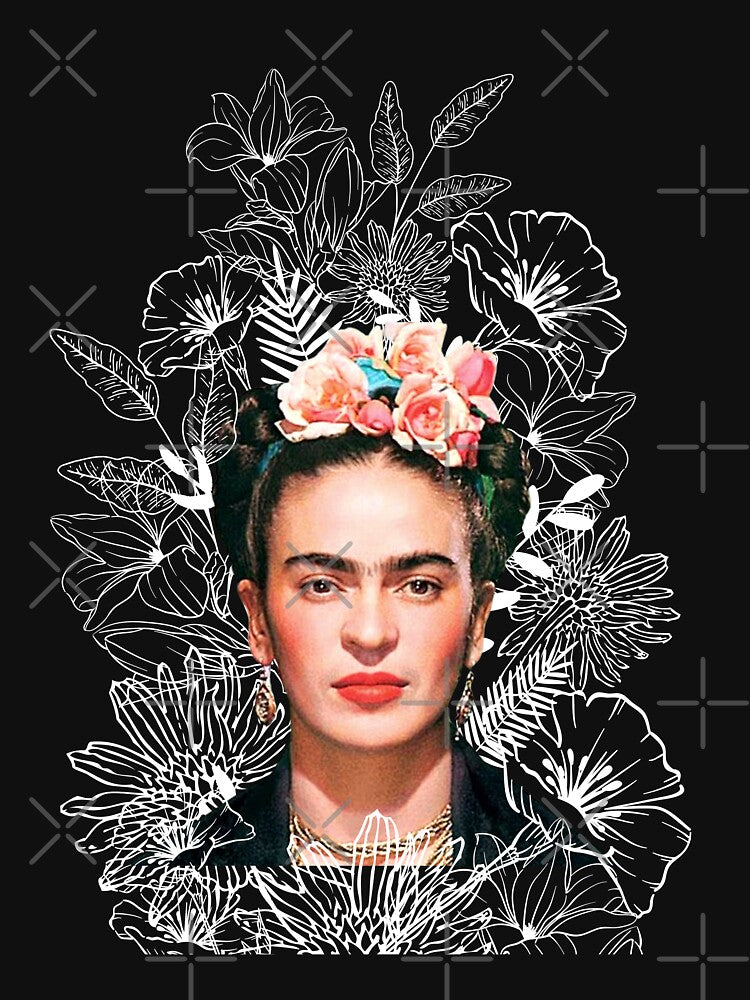 Frida Kahlo portrait color, white flowers, black background by Adriana C (All about Frida)