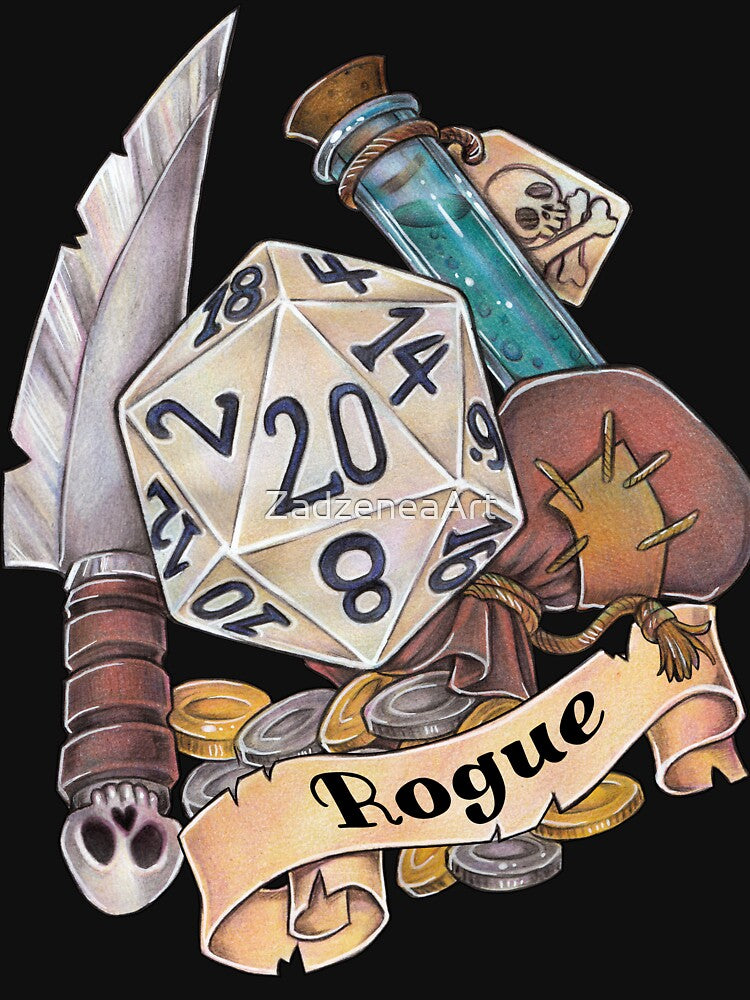 Role-playing game, tabletop, D20 dice, gift, thief, robbery by ZadzeneaArt