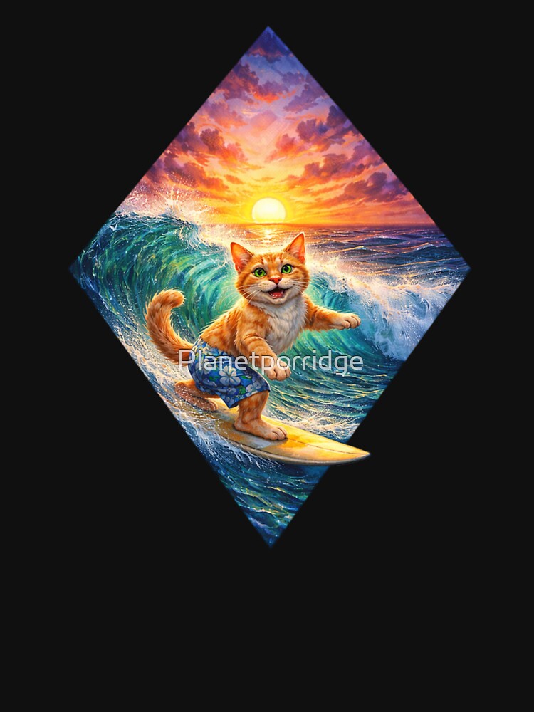 Cat Surfing Sunset Art by Planetporridge