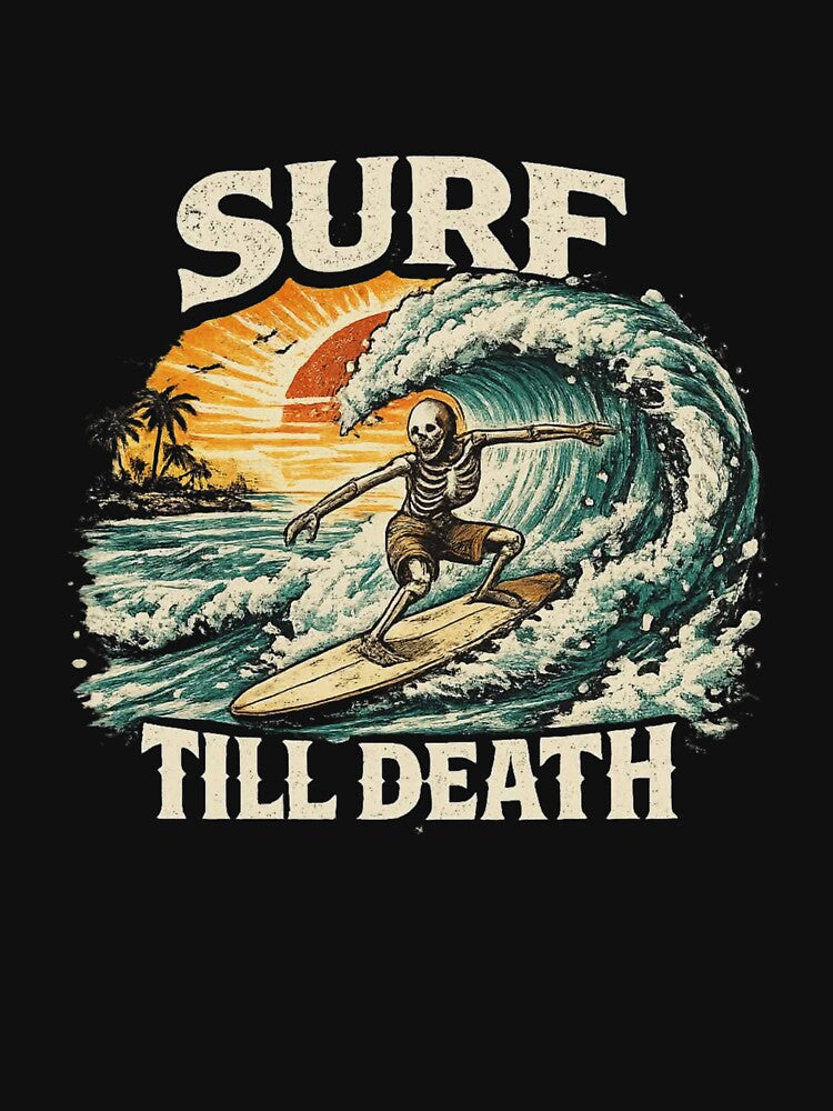 Surf Till Death – Skeleton Surfing Vintage Sunset Wave Surfer Graphic by HubCreates