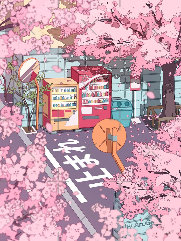 A beautiful aesthetic Tokyo street and  the pink sakura tree blossom by AnGoArt