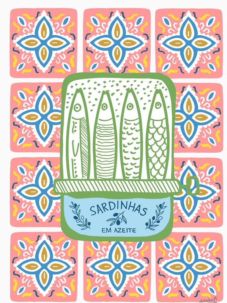 Lisbon Portugal Sardines Tins Art Print, Pink orange tiles, green sardines, Mediterranean by Natasha May Design
