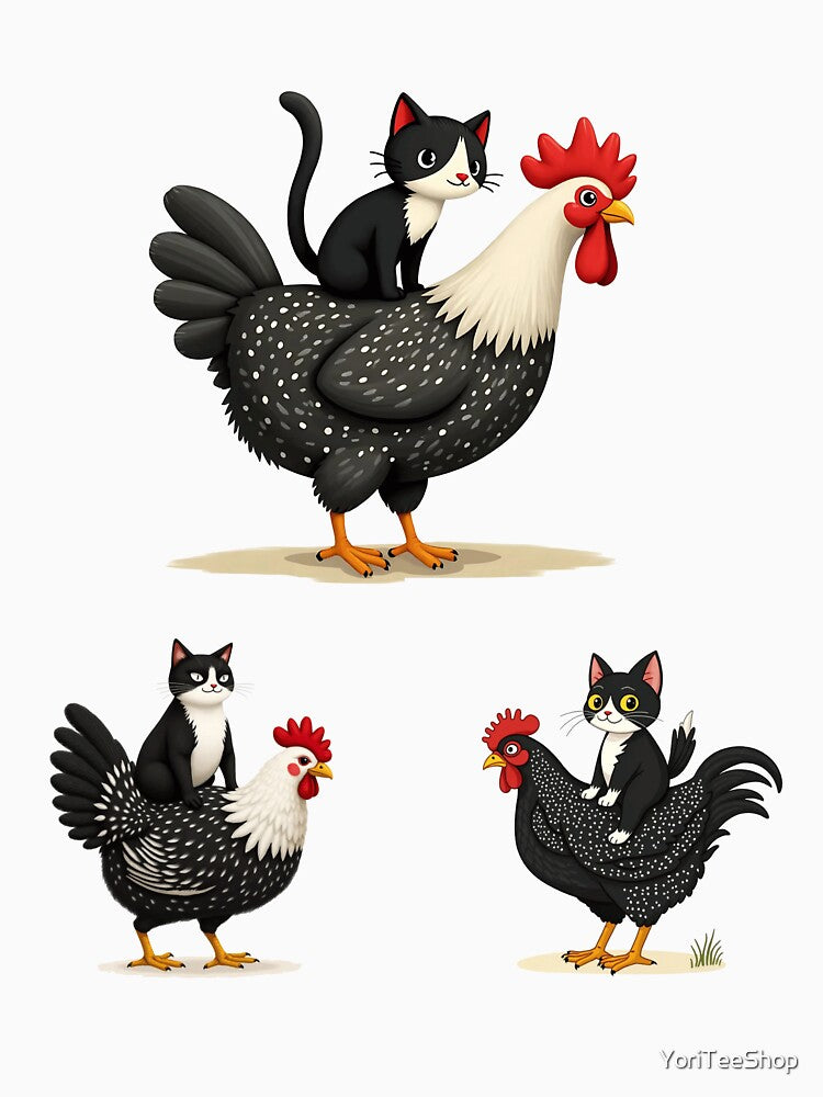 Cat Riding a Chicken – Funny & Whimsical Animal by YoriTeeShop