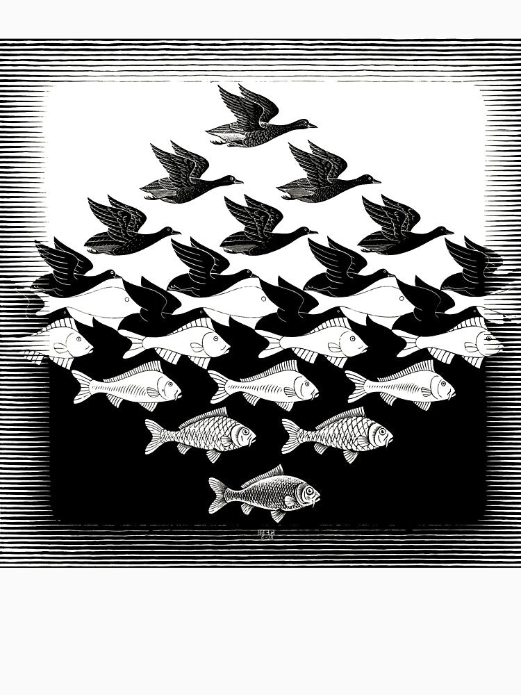M.C. Escher, Sky and Water, Surreal Bird Fish Tessellation Decor by Artistic Gift Print