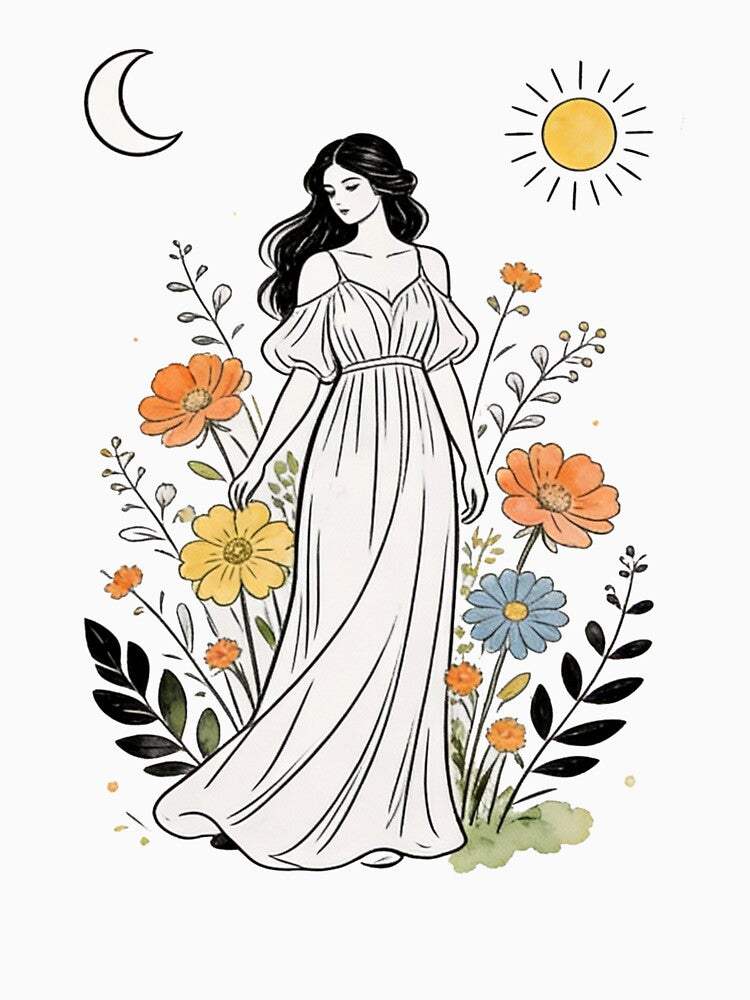 Boho Woman Floral Illustration – Sun and Moon Cottagecore Art by truongloc246