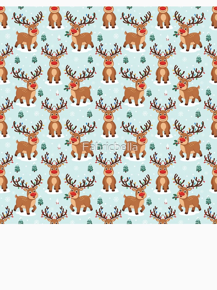 Whimsical Reindeer Christmas Pattern on Light Blue by Fabricbella