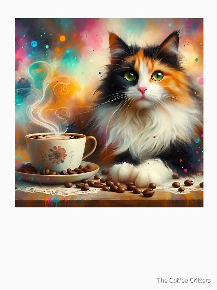 Calico Long Haired Cat Drinking Coffee by The Coffee Critters