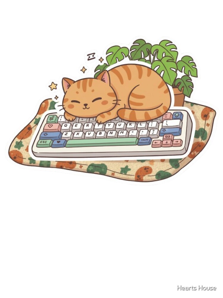 Gamer Cat on Keyboard with Plant - Cute Cat Illustration by Hearts House