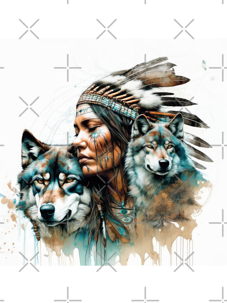 Native American Woman and Wolf Portrait by BeepBoopAIBoobs