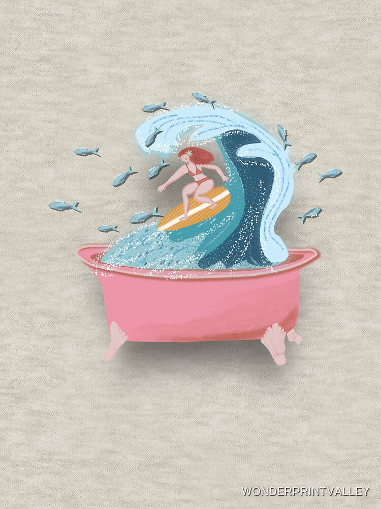 SURFING IN THE BATHTUB, pink background fan by WONDERPRINTVALLEY