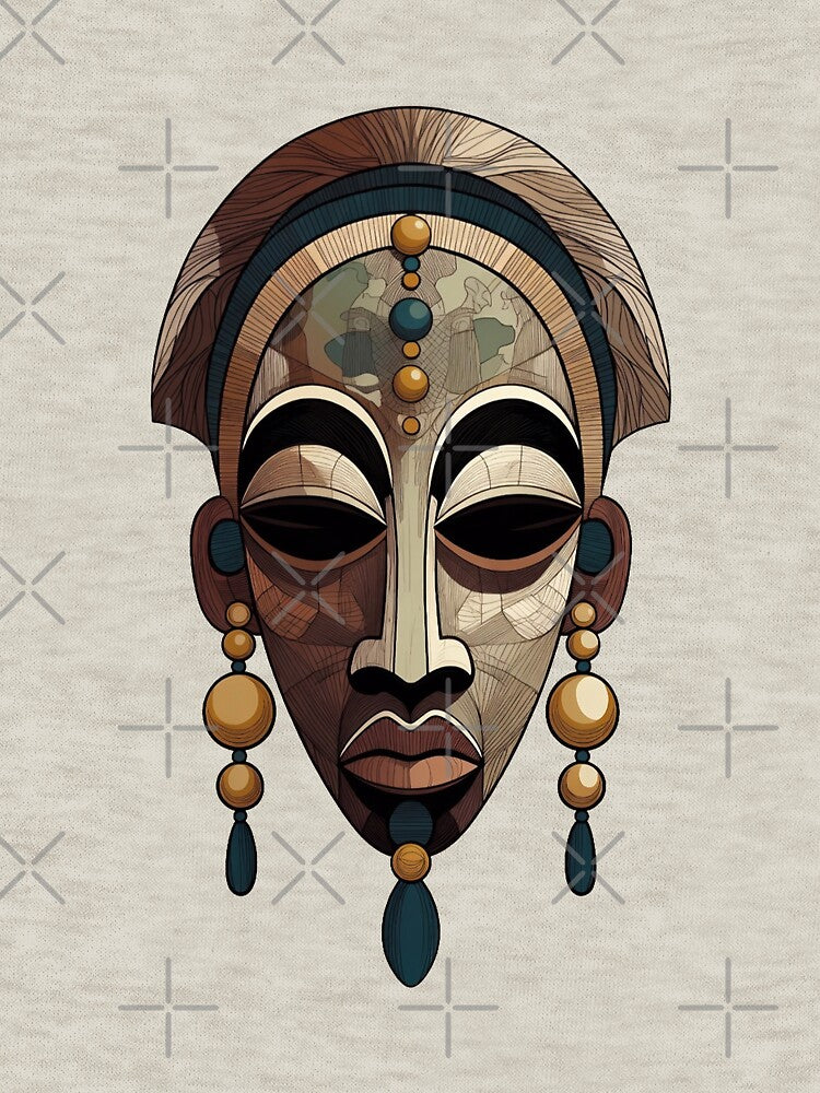 Earthy Boho African Tribal Mask – Beaded Adornment by PixelQ