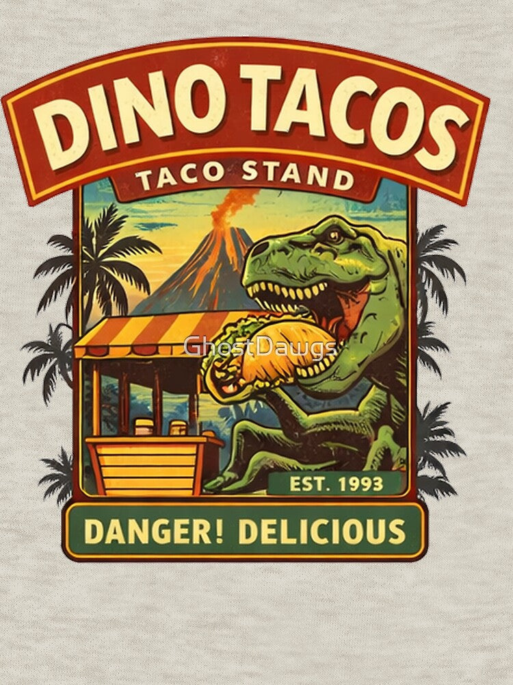 Dino Tacos Vintage Taco Stand Logo Funny Dinosaur Taco Shirt by GhostDawgs
