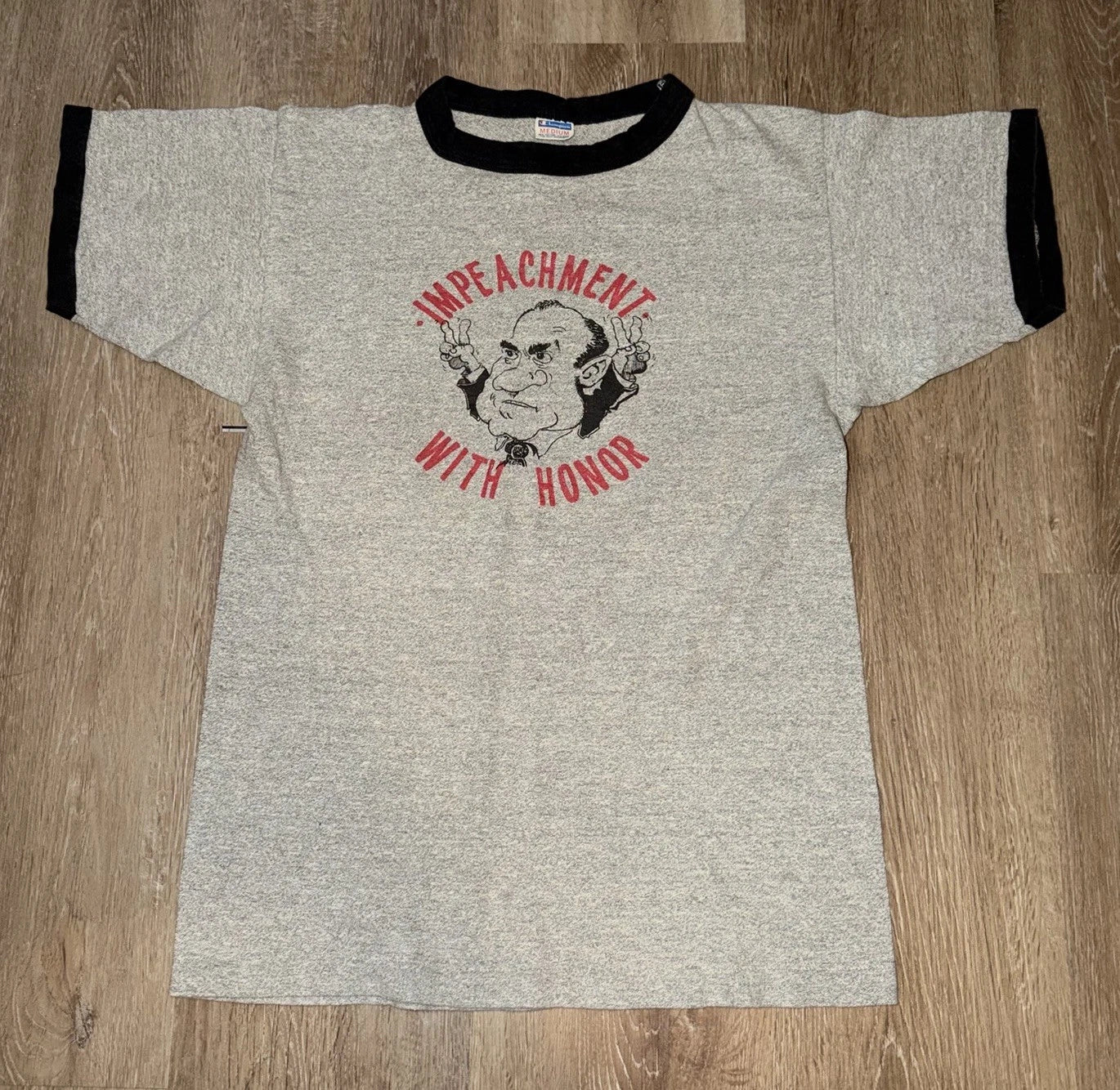 VTG 80s Ronald Reagan Impeachment Ringer Shirt Sz M Champion President Politics
