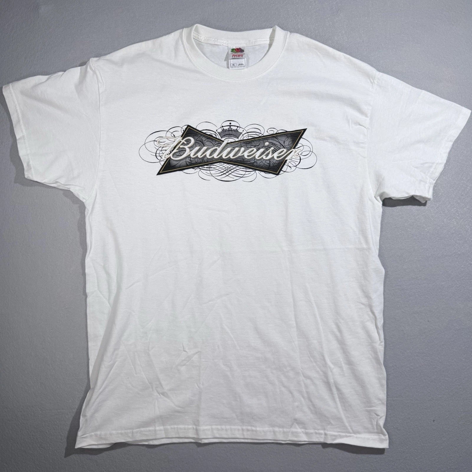 Vintage Y2K Budweiser Filigree White Fruit Of The Loom Heavy Shirt XL Beer Promo