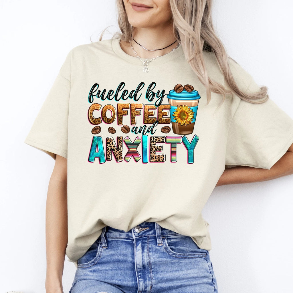 Fueled by coffee and anxiety T-Shirt gift Sunflower coffee lover Unisex tee Sand