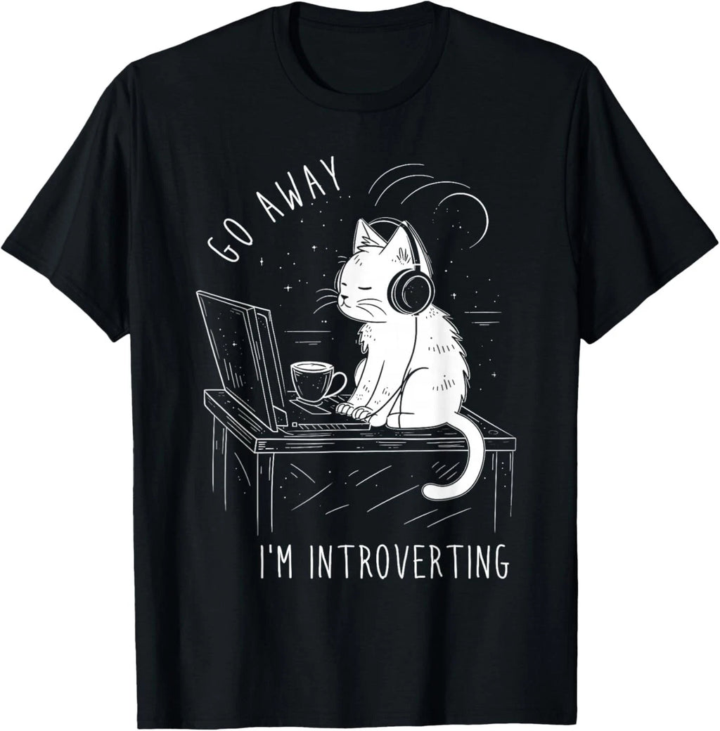 Introvert Cat with Coffee on Computer Antisocial Emo Goth T-Shirt