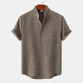 Mens Stand Collar Solid Color Shirt Casual Loose Button Short Sleeve Blouse Top