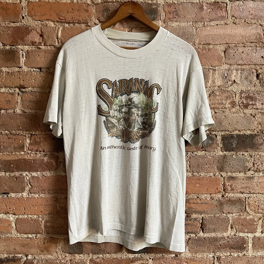 VTG 1980s Paper Thin Beer Shirt Saranac Large White