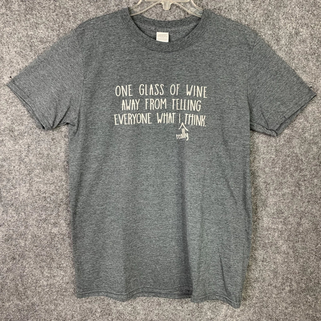 Gildan Activewear Text Tee Unisex Women M Gray “glass of wine . .” Cotton Blend