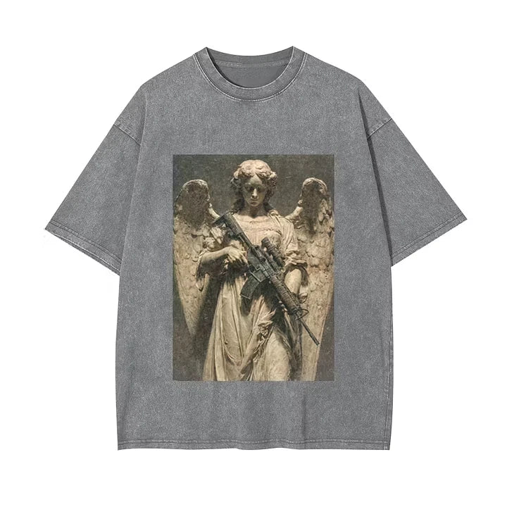 Angel With Gun Graphic T-Shirt Beige Acid Wash Vintage Grunge Tee