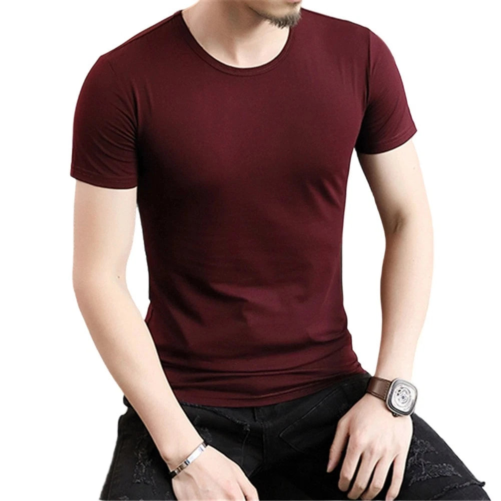 Short Sleeve Round Neck Slim Fit T Shirt for Men Solid Color Base Layer