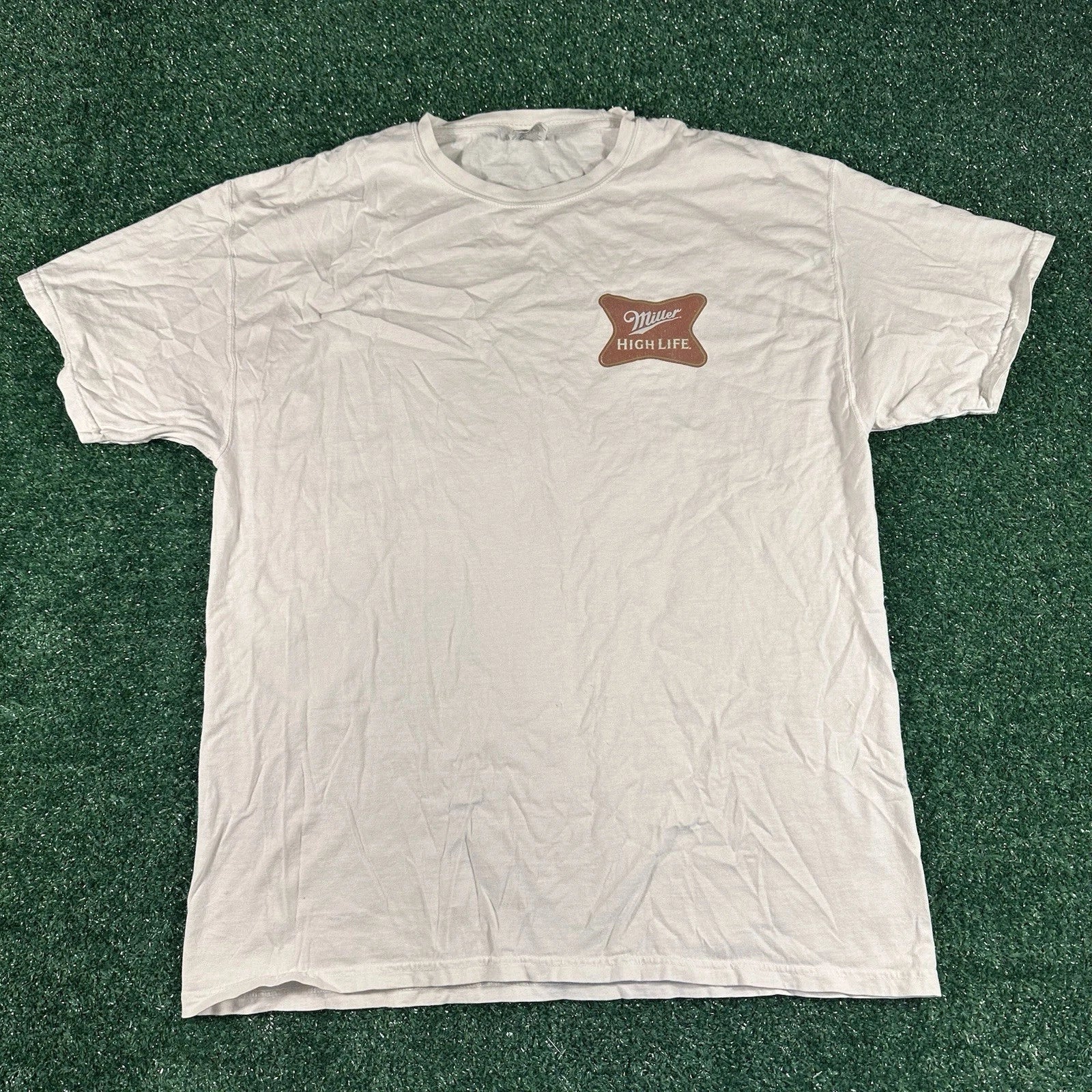 Miller Lite High Life Beer Shirt Short Sleeve Cream Size XL 100% Cotton College