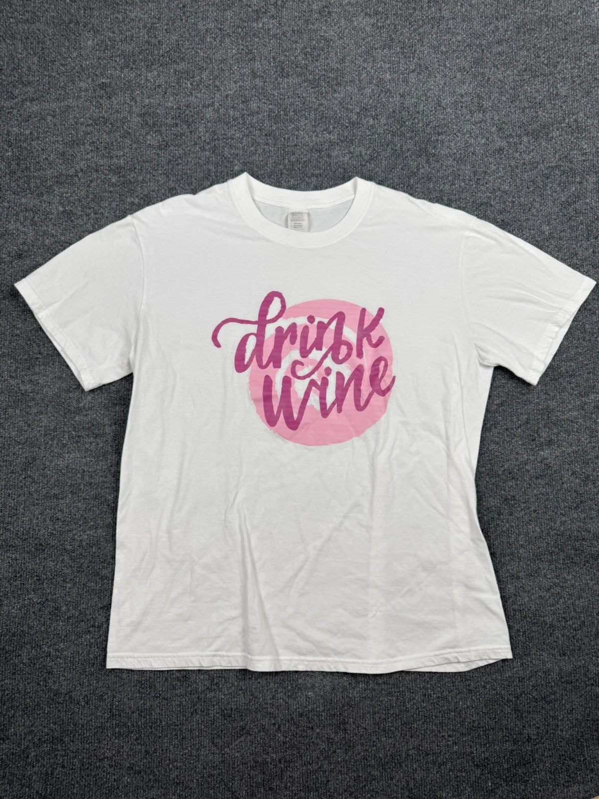 Drink Wine Graphic T-Shirt White Unisex Size L 100% Cotton