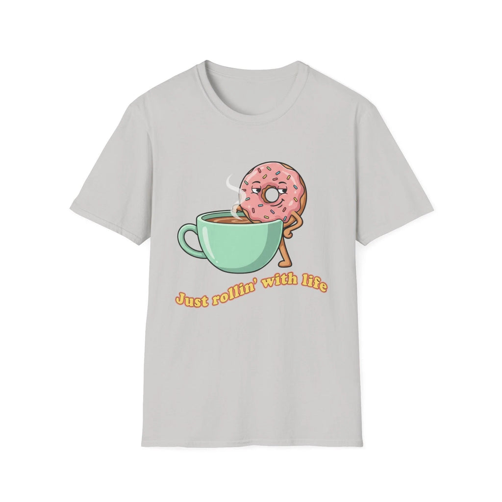 Donut Dipping in Coffee T-Shirt | Cute Pastry Illustration, 'Just rollin' [...]